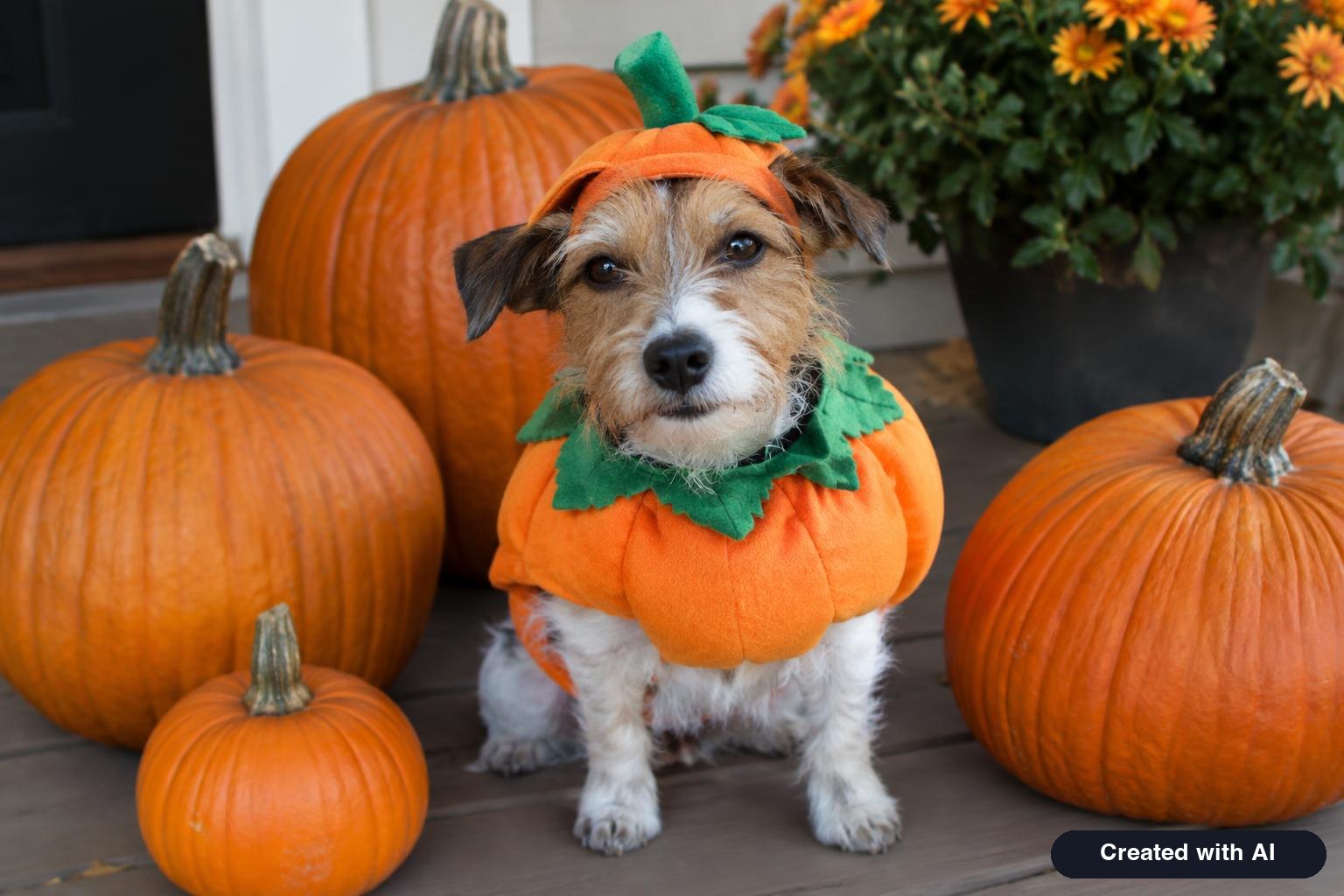 Small dog wearing an orange pumpkin costume sitting among pumpkins on a porch