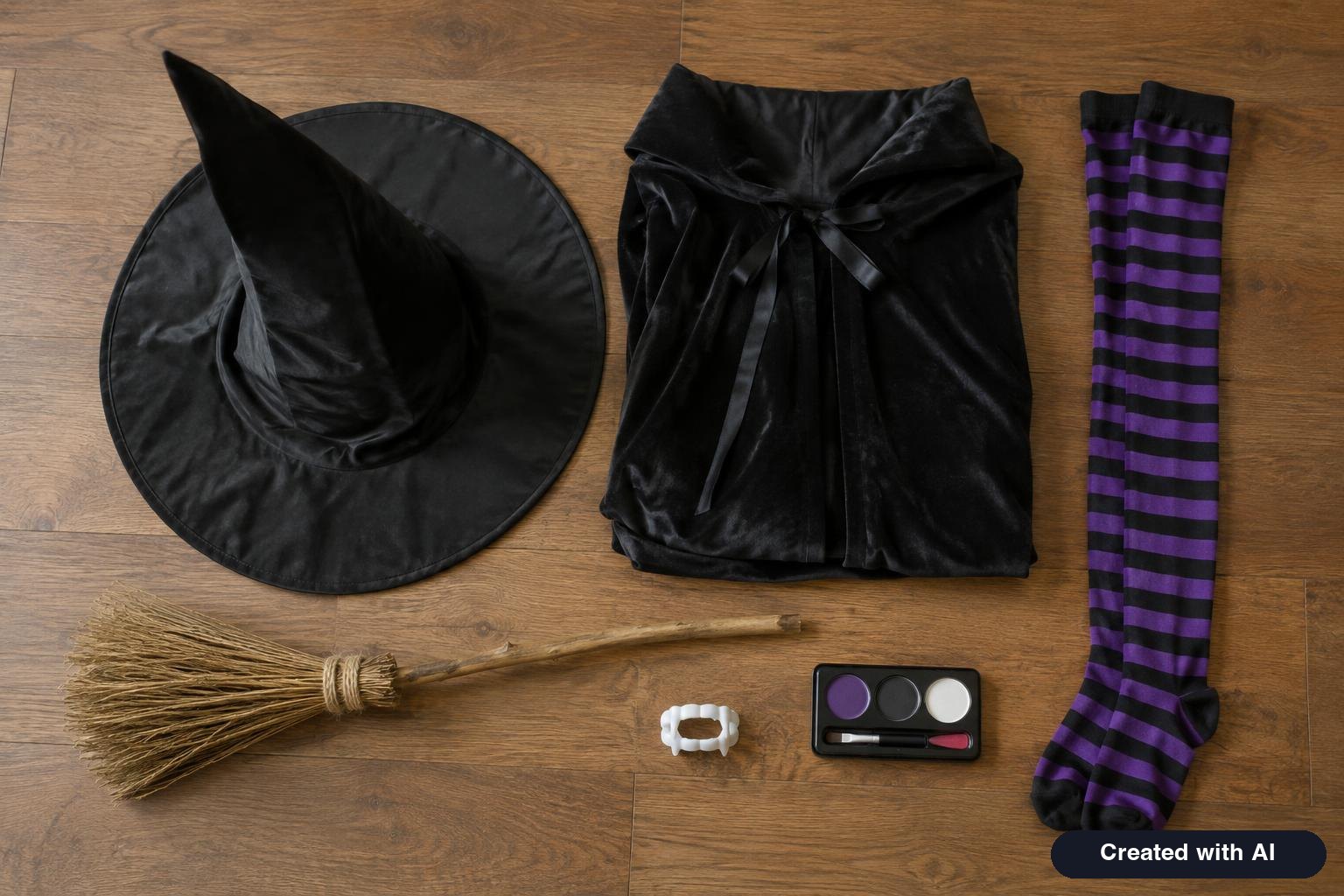Flat lay of Halloween costume pieces on a wooden floor including a witch hat, black cape, striped tights and a broom