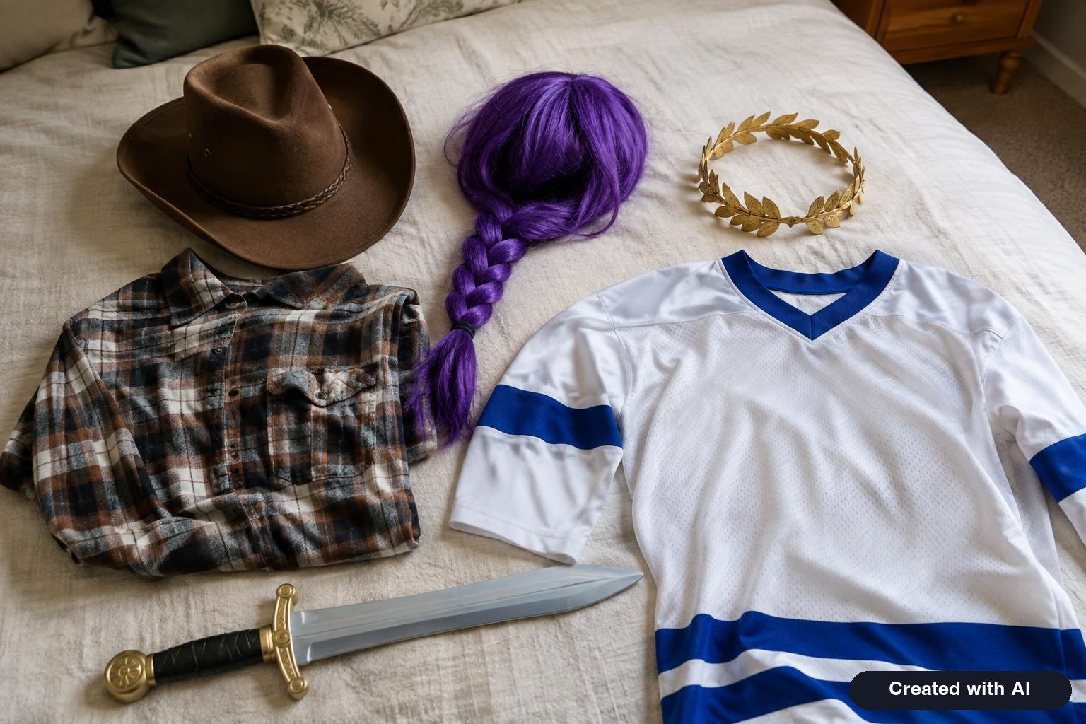 Pop culture inspired Halloween costume accessories arranged on a bed including a cowboy hat, a purple braided wig, a hockey jersey and a toy sword