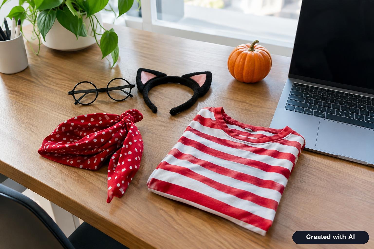 Simple office friendly Halloween costume pieces on a desk including round glasses, a striped shirt, a red bandana and a cat ear headband