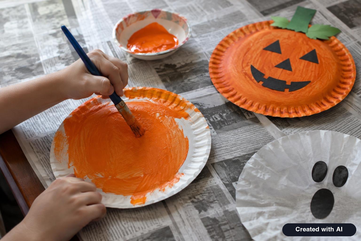 Child's hands painting a paper plate orange next to finished paper plate pumpkin and coffee filter ghost crafts