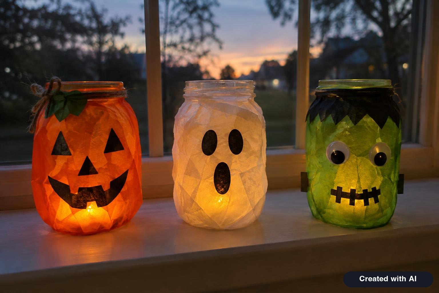 Tissue-paper mason jar lanterns shaped like a pumpkin, ghost and green monster glowing on a windowsill