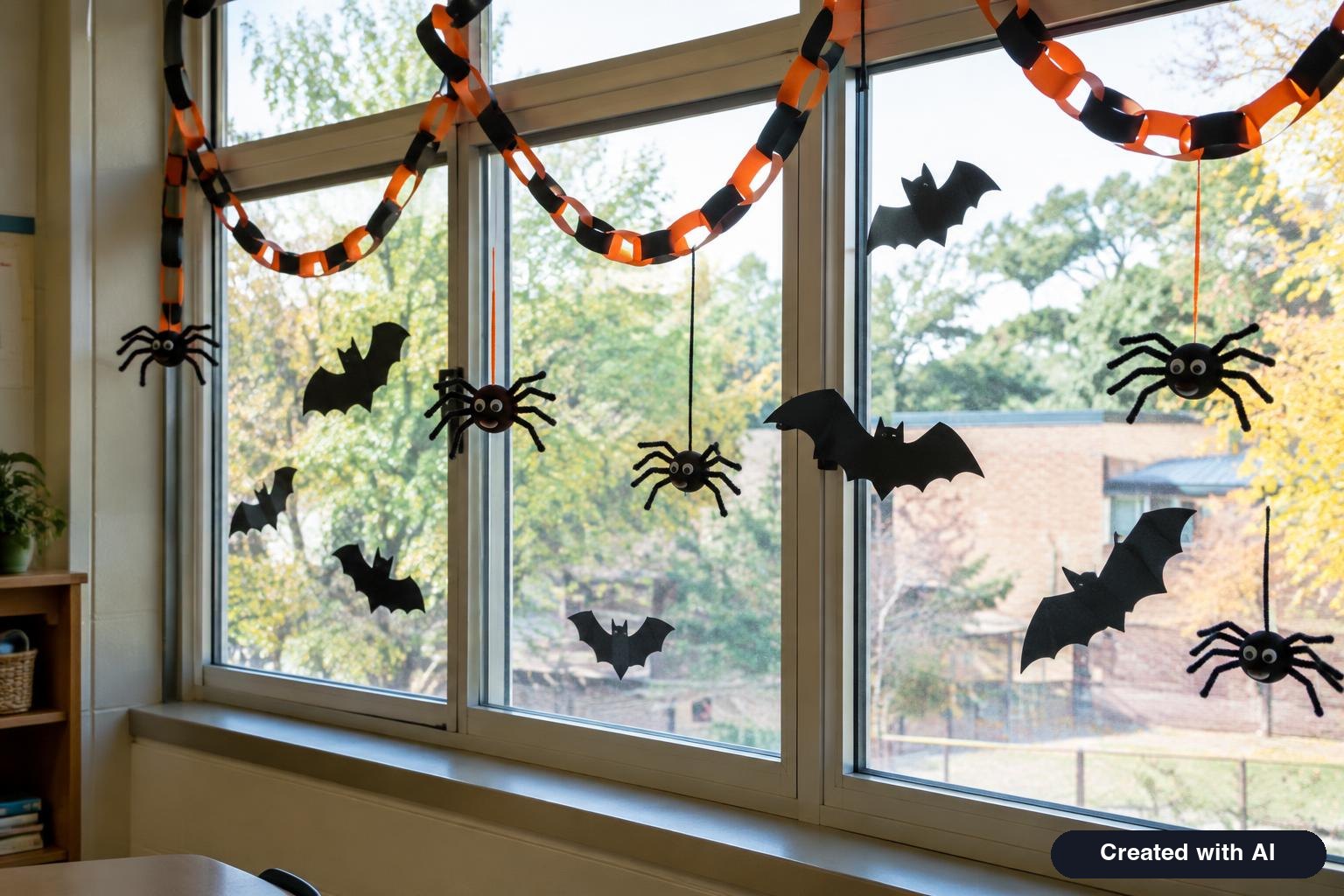 Classroom window decorated with children's paper bats, paper chains in orange and black and pipe-cleaner spiders