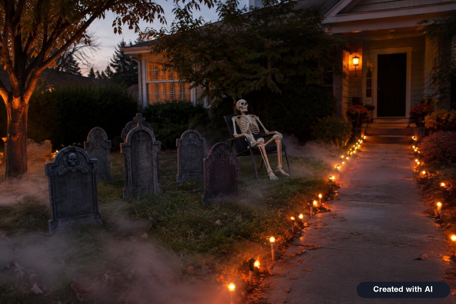 Front yard at dusk with foam tombstones, a posed skeleton, low fog and warm orange string lights along a walkway
