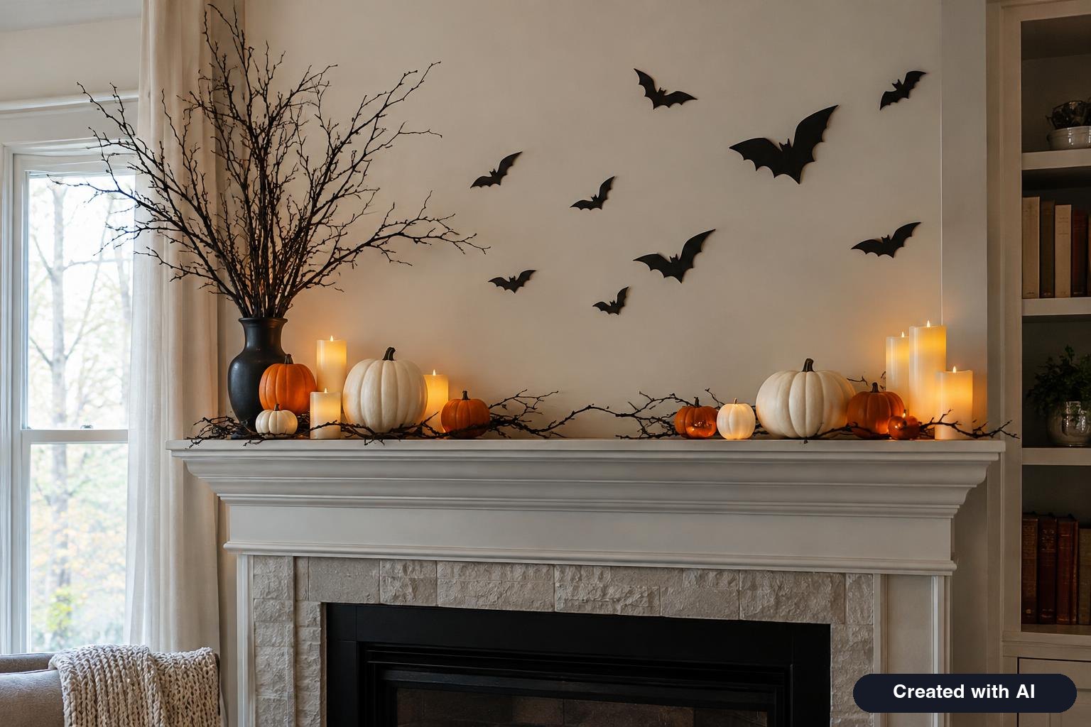 Living room mantel decorated with white and orange pumpkins, black paper bats on the wall, LED candles and dark branches in a vase