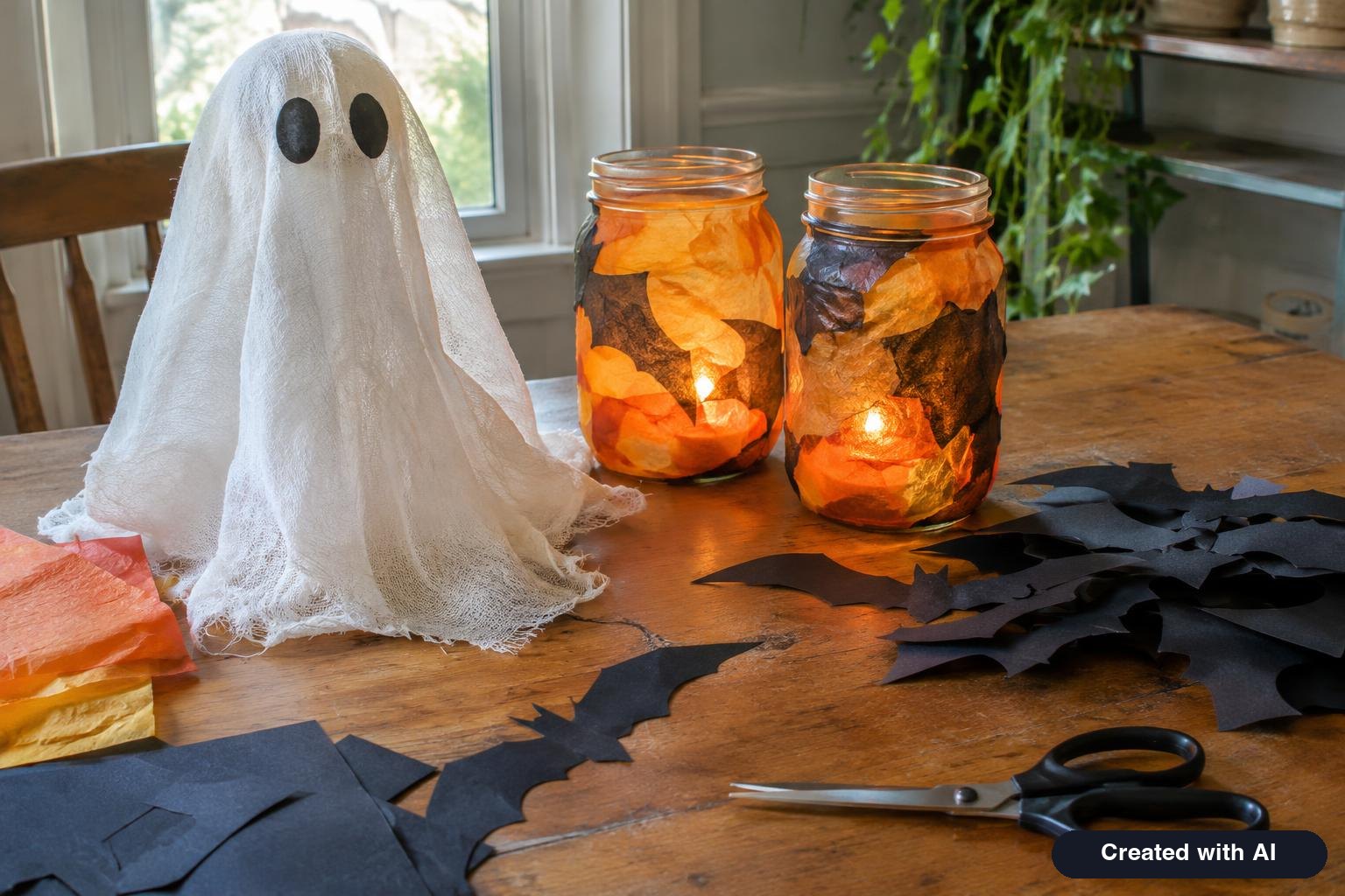 Craft table with handmade Halloween decorations: cheesecloth ghost, tissue-paper mason jar lanterns and black paper bats