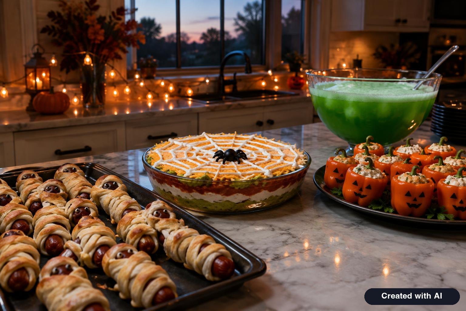 Halloween party buffet with mummy hot dogs, a spiderweb dip, stuffed pepper jack-o'-lanterns and a bowl of green punch