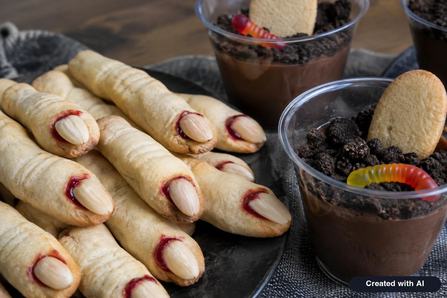 Witch finger cookies with almond fingernails next to graveyard dirt cups topped with cookie tombstones and gummy worms