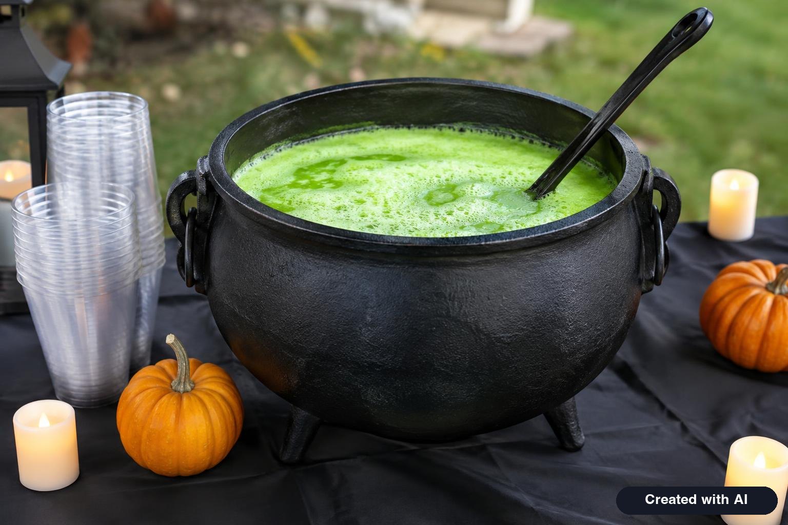 Black cauldron of foamy green witches' brew punch with a ladle and clear cups on a Halloween table