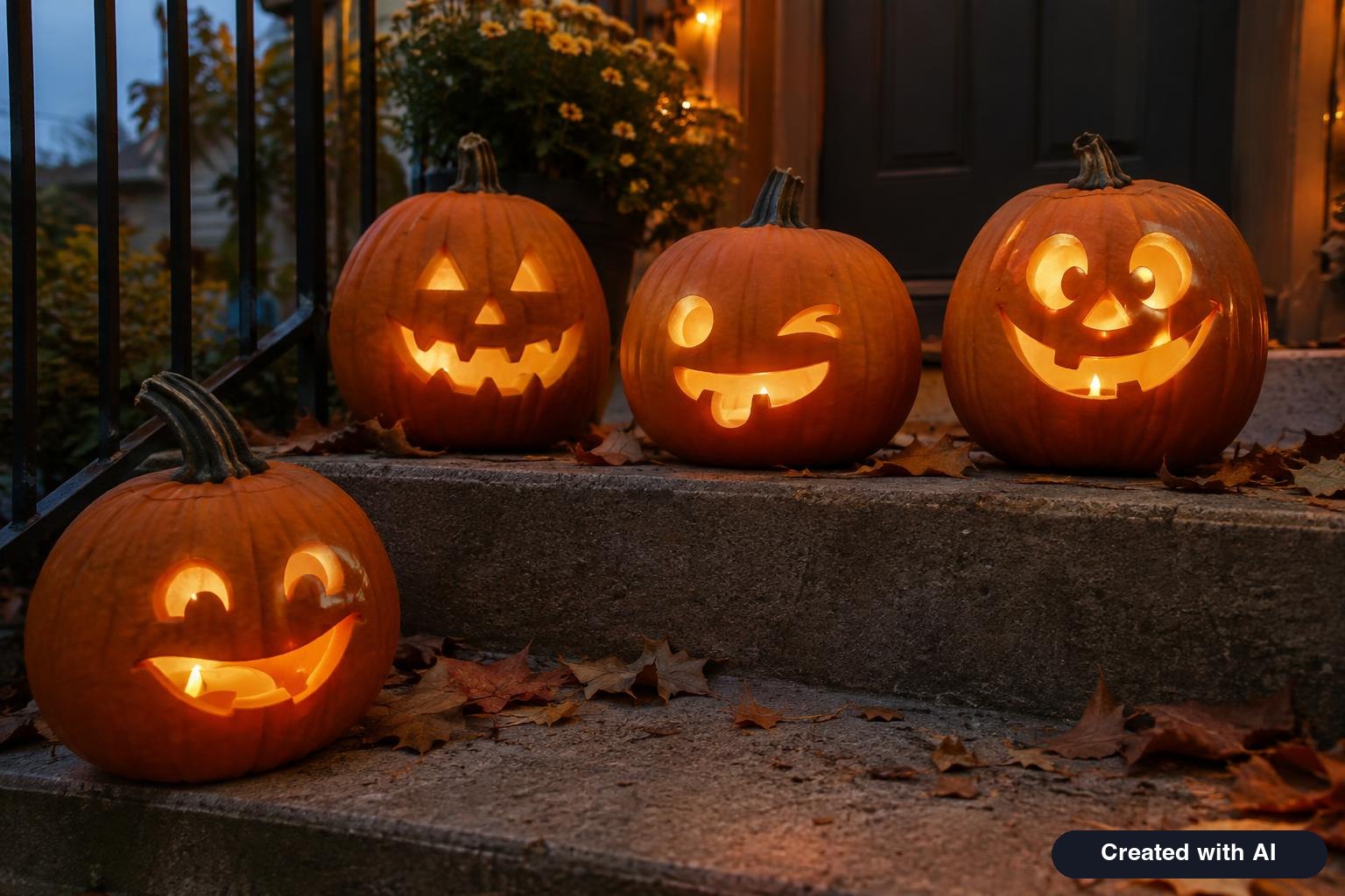 Smiling jack-o-lanterns with funny carved faces lined up on porch steps at dusk