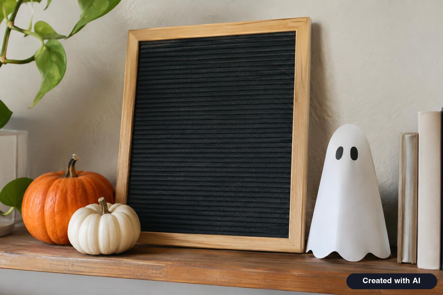Felt letter board without letters leaning beside small pumpkins and a paper ghost on a shelf