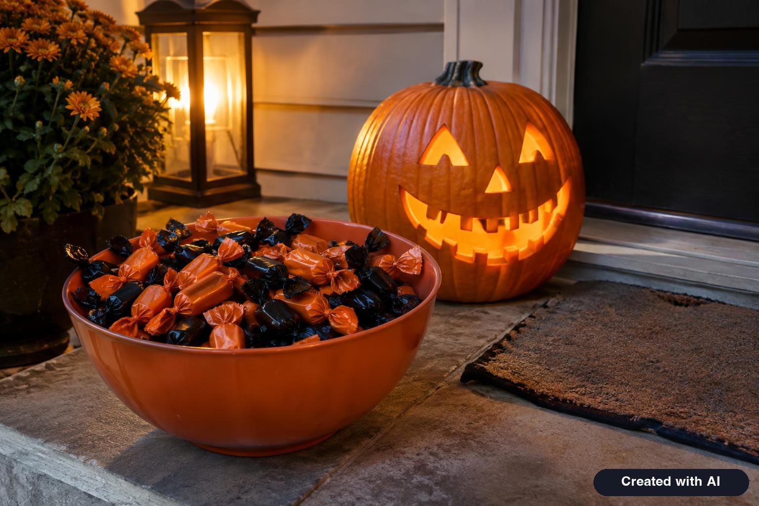 Bowl of wrapped Halloween candy on a doorstep next to a carved pumpkin with a wide toothy grin