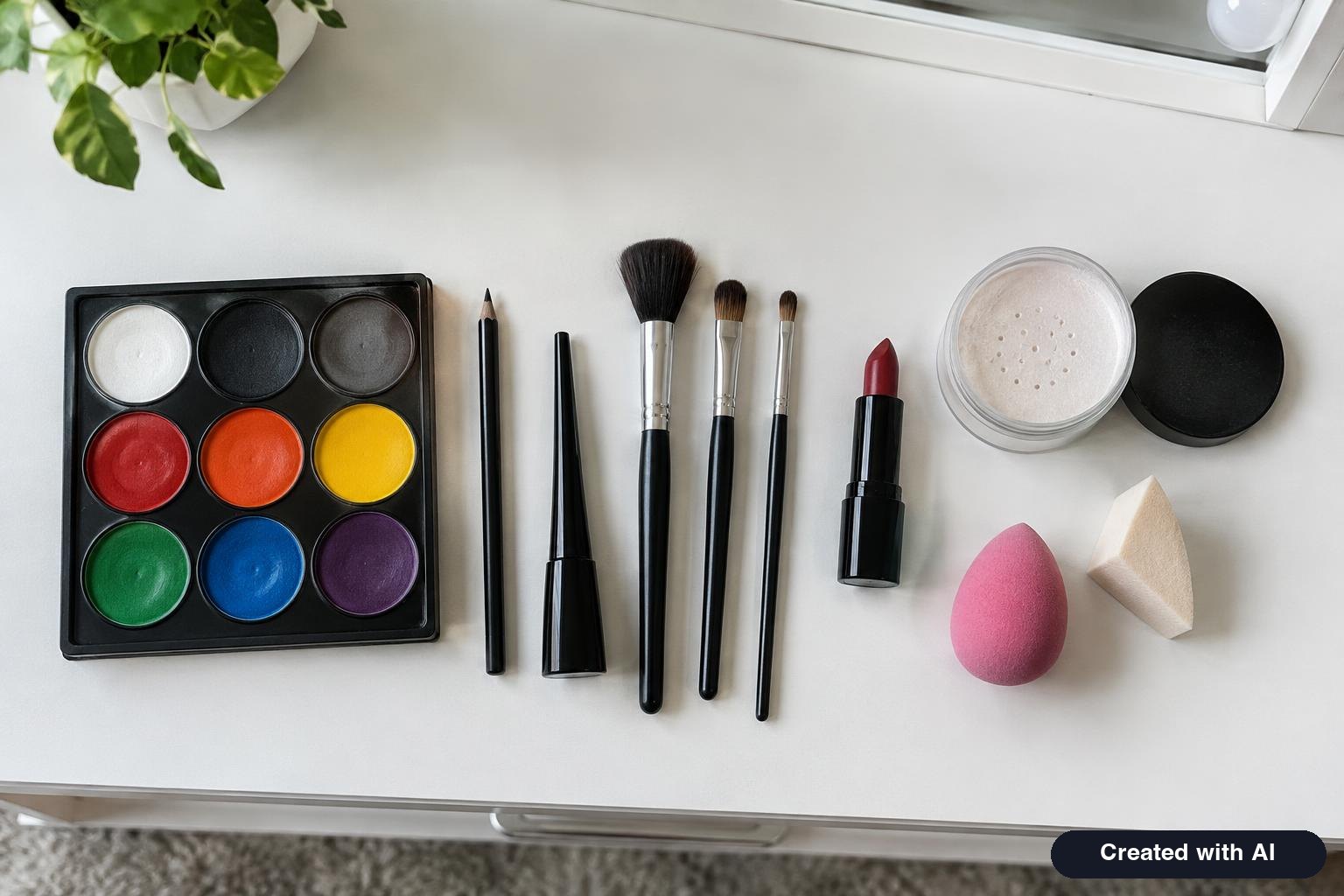 Halloween makeup supplies on a vanity including a face paint palette, black eyeliner, makeup sponges, brushes and red lipstick