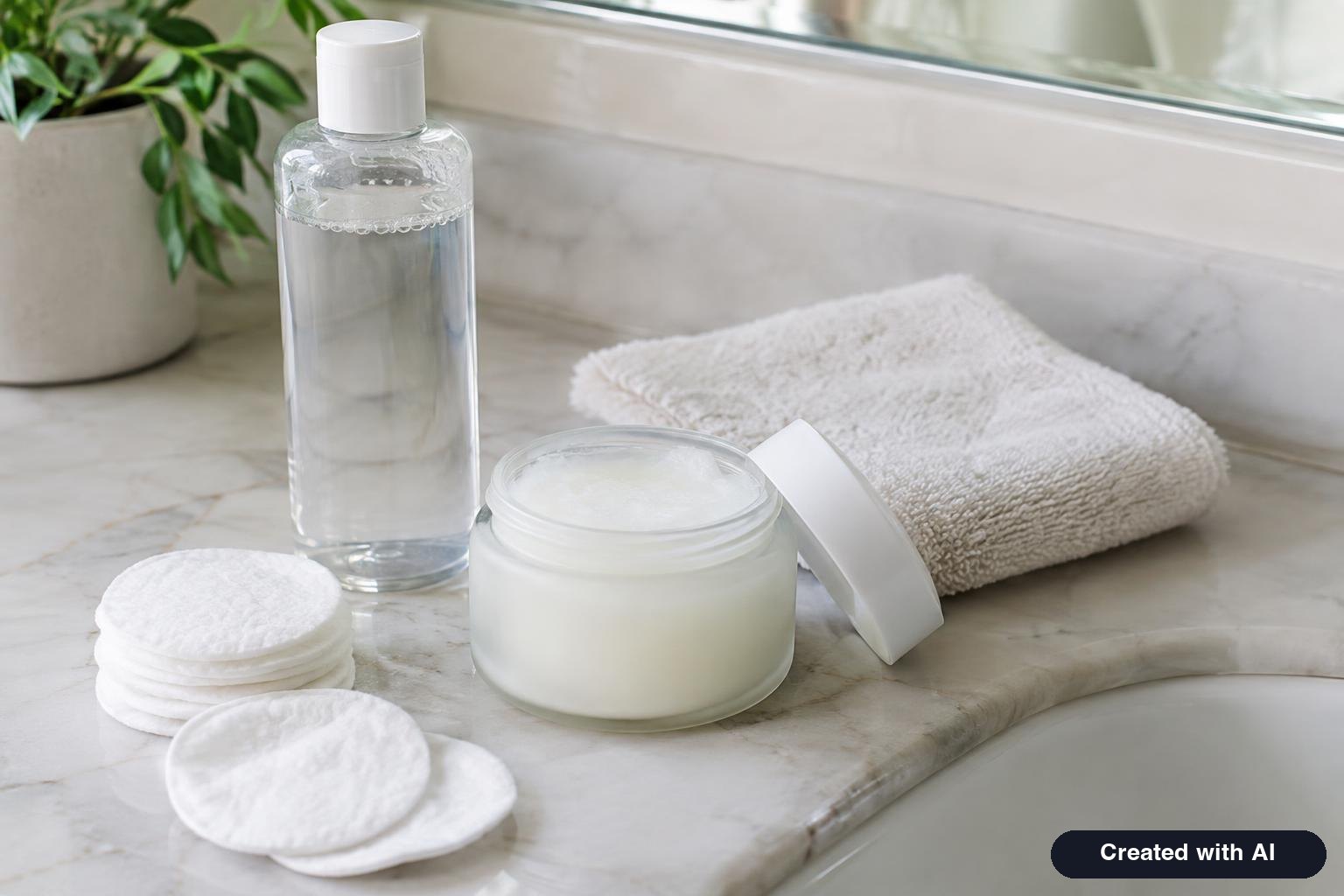 Cotton pads, a jar of cleansing balm, a soft washcloth and a bottle of makeup remover arranged beside a bathroom sink