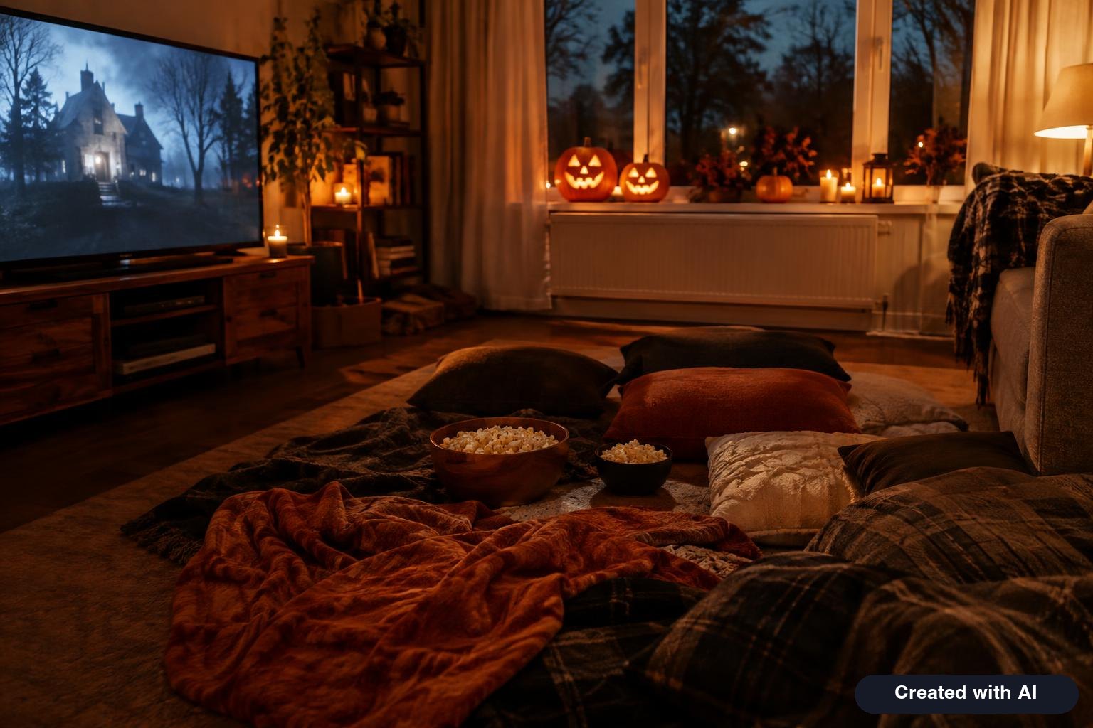 Living room set up for a Halloween movie night with blankets, popcorn and jack-o-lanterns glowing on the windowsill