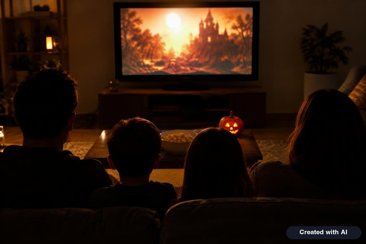 Family on a couch at night watching a movie, faces lit by the screen, bowl of popcorn and a small carved pumpkin on the coffee table