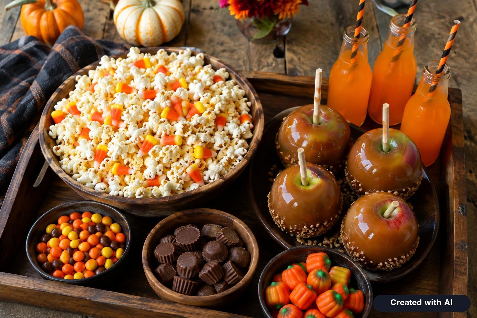 Tray of Halloween movie snacks with popcorn, candy corn, caramel apples and orange drinks on a wooden table