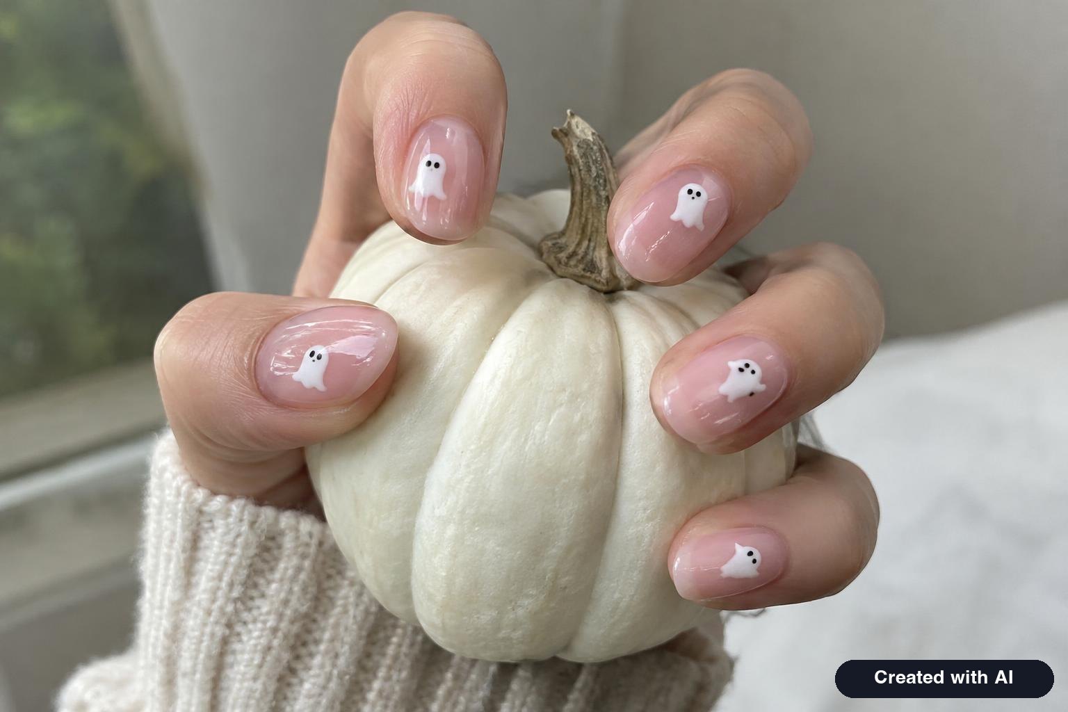 Close up of a hand with short almond nails painted sheer pink with tiny white ghost designs holding a small white pumpkin