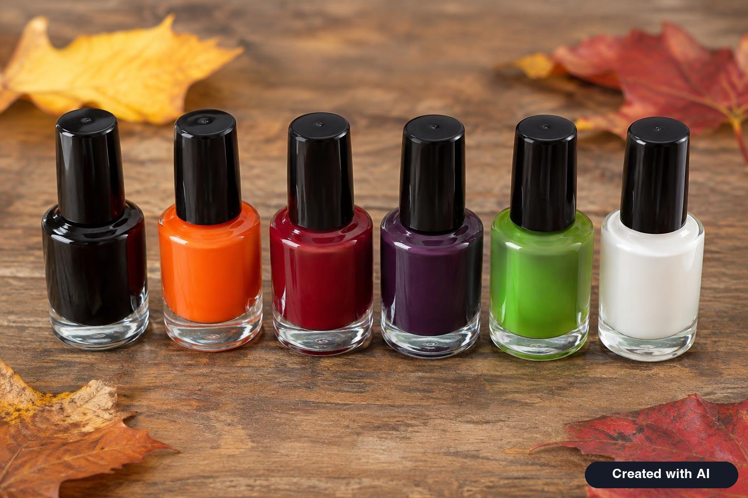 Bottles of nail polish in black, orange, deep red, purple, green and milky white lined up on a table with autumn leaves