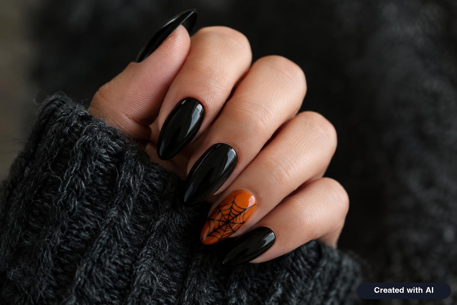 Hand with glossy black almond nails and one orange accent nail with a fine black spider web resting on a dark knitted sweater