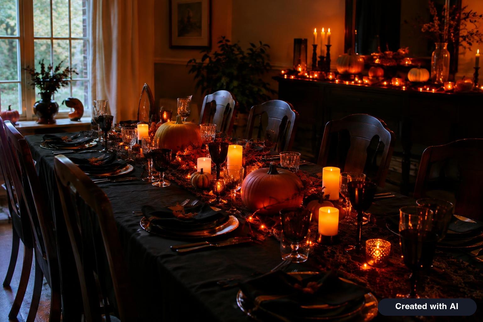 Dining room decorated for a Halloween party with a black tablecloth, pumpkins, candles and orange string lights