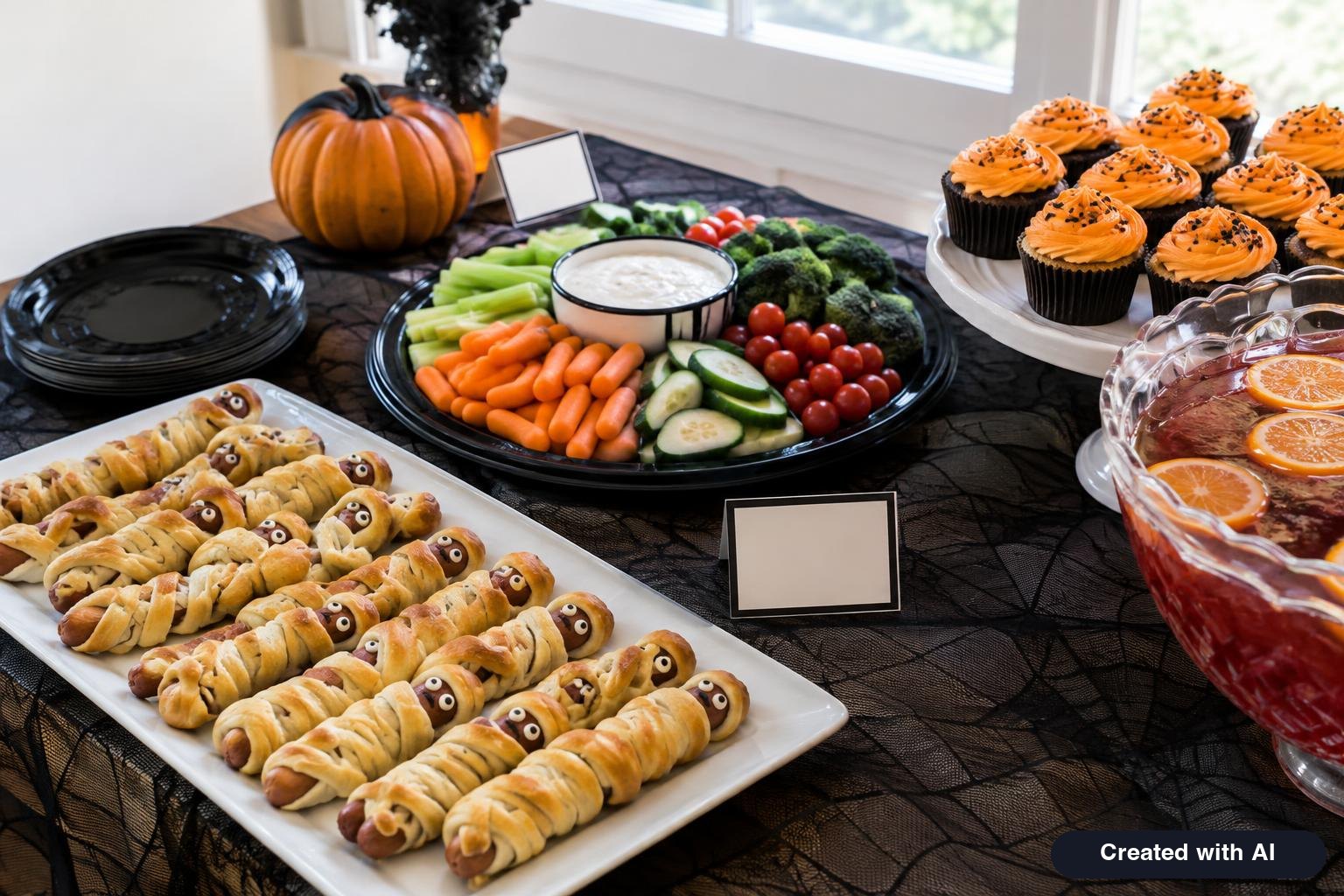 Buffet table with Halloween party food including mummy hot dogs, a vegetable tray, cupcakes and a punch bowl