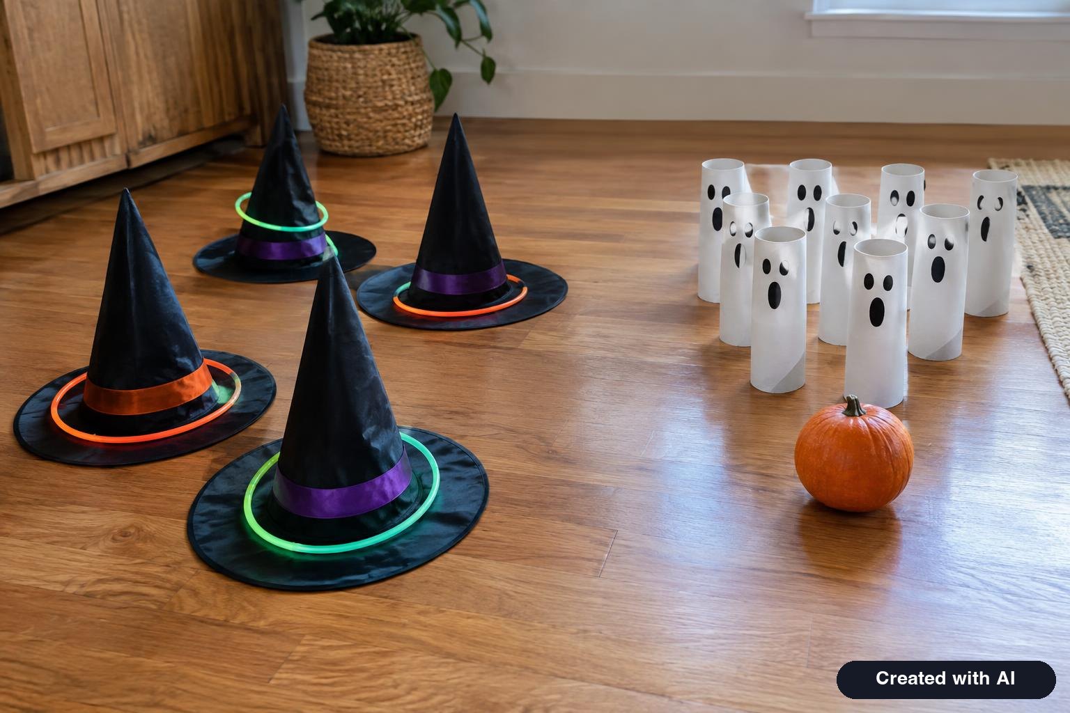 Halloween party game setup with a ring toss on witch hats, toilet paper rolls with ghost faces for bowling and a small pumpkin