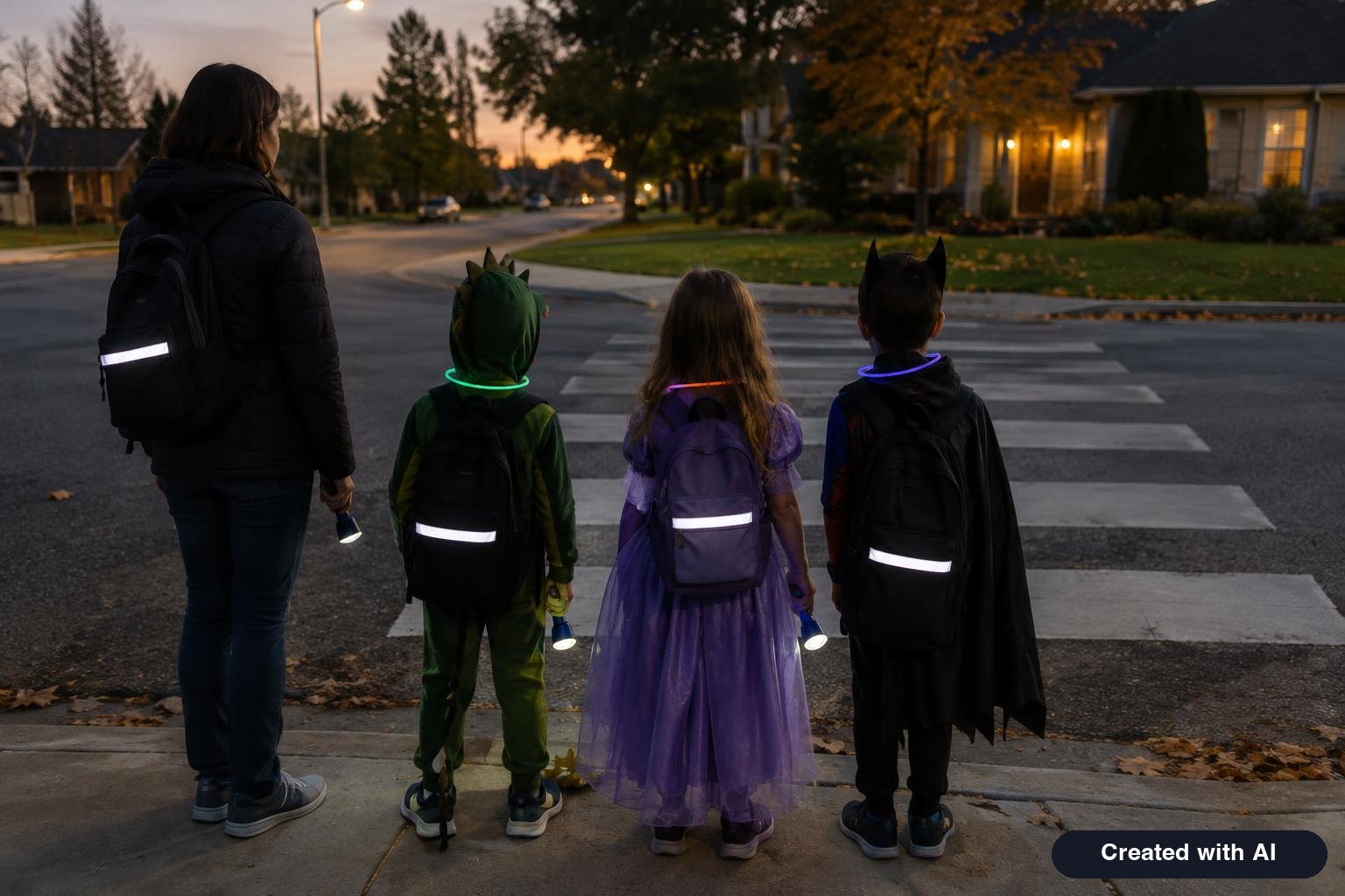 Children in costumes seen from behind at a crosswalk at dusk holding flashlights and glow sticks with an adult beside them