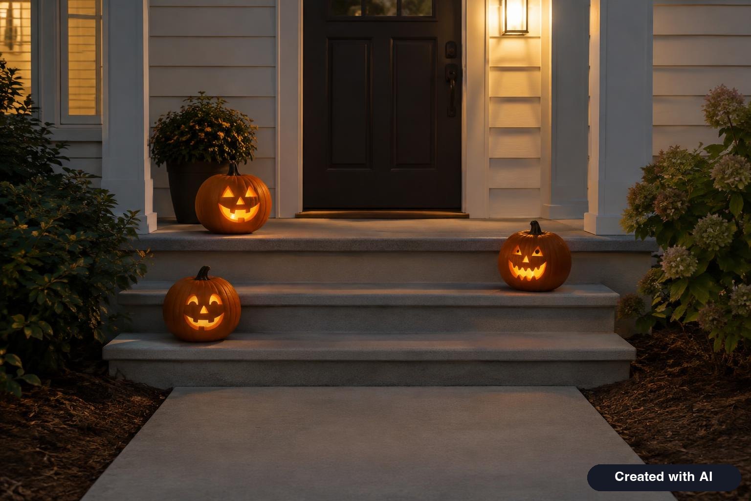 Carved jack-o'-lanterns on porch steps lit from inside by battery-operated LED candles with a clear walkway
