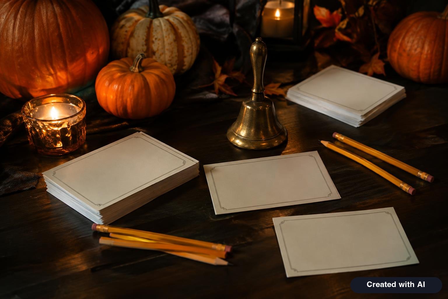 Halloween trivia setup with question cards, pencils, a buzzer bell and pumpkins on a dark table
