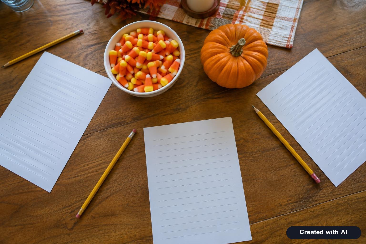 Trivia night table with blank answer sheets, pencils, a bowl of candy corn and a small pumpkin