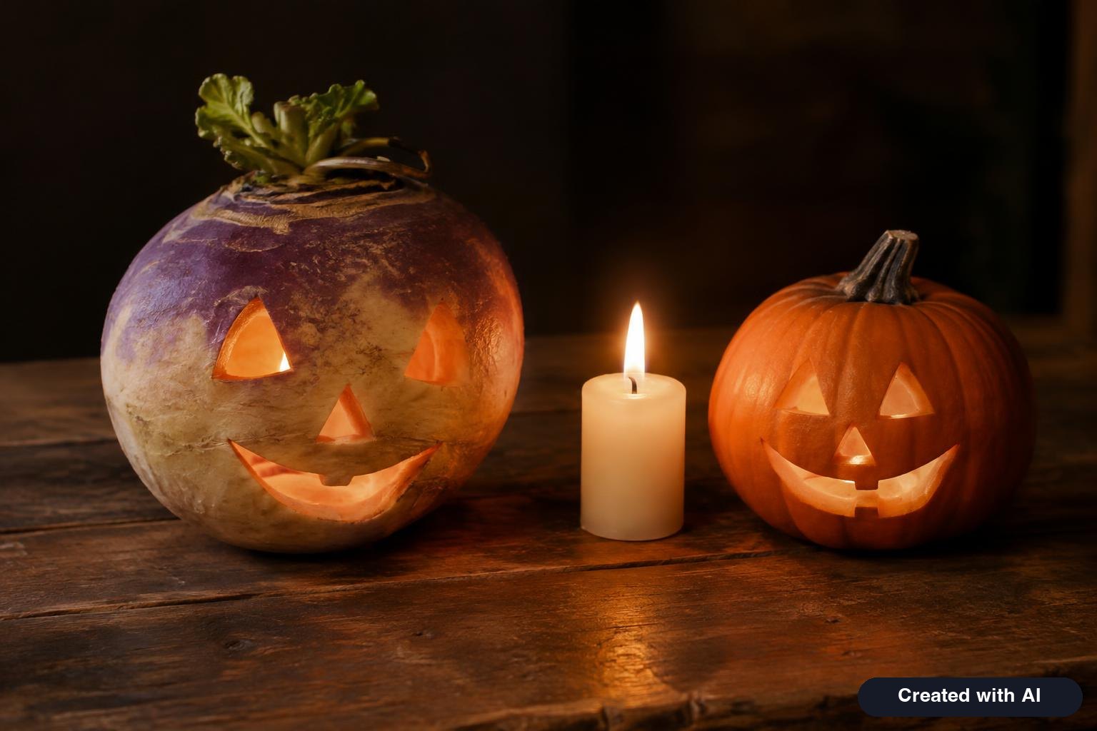 Carved turnip lantern and a carved pumpkin side by side on a wooden table with a lit candle