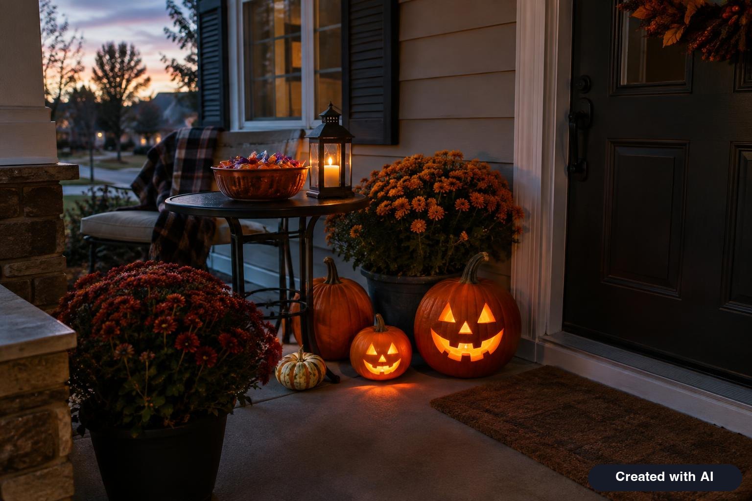 Front porch decorated for Halloween with glowing carved pumpkins, mums and a bowl of candy at dusk