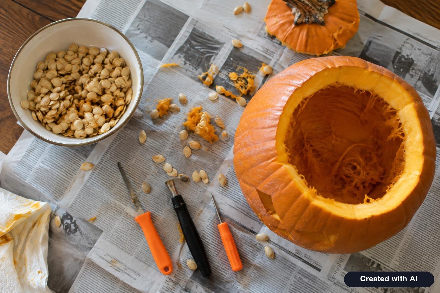 Kitchen table covered with newspaper, a half-carved pumpkin, a bowl of seeds and carving tools