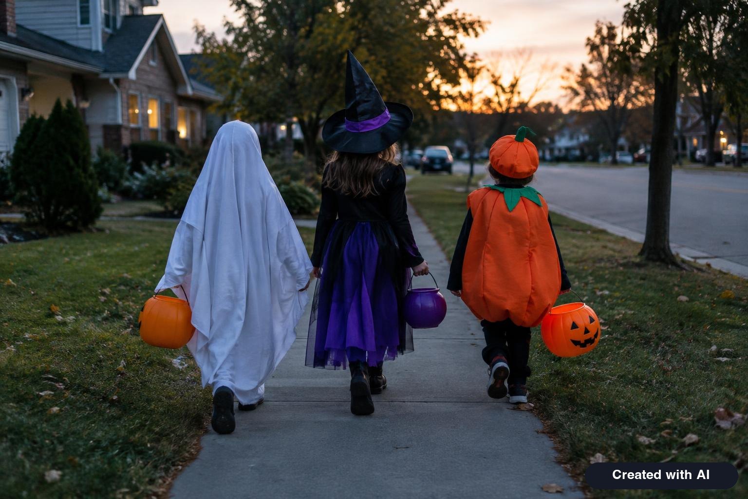 Children in homemade ghost, witch and pumpkin costumes walking down a suburban sidewalk at dusk, seen from behind