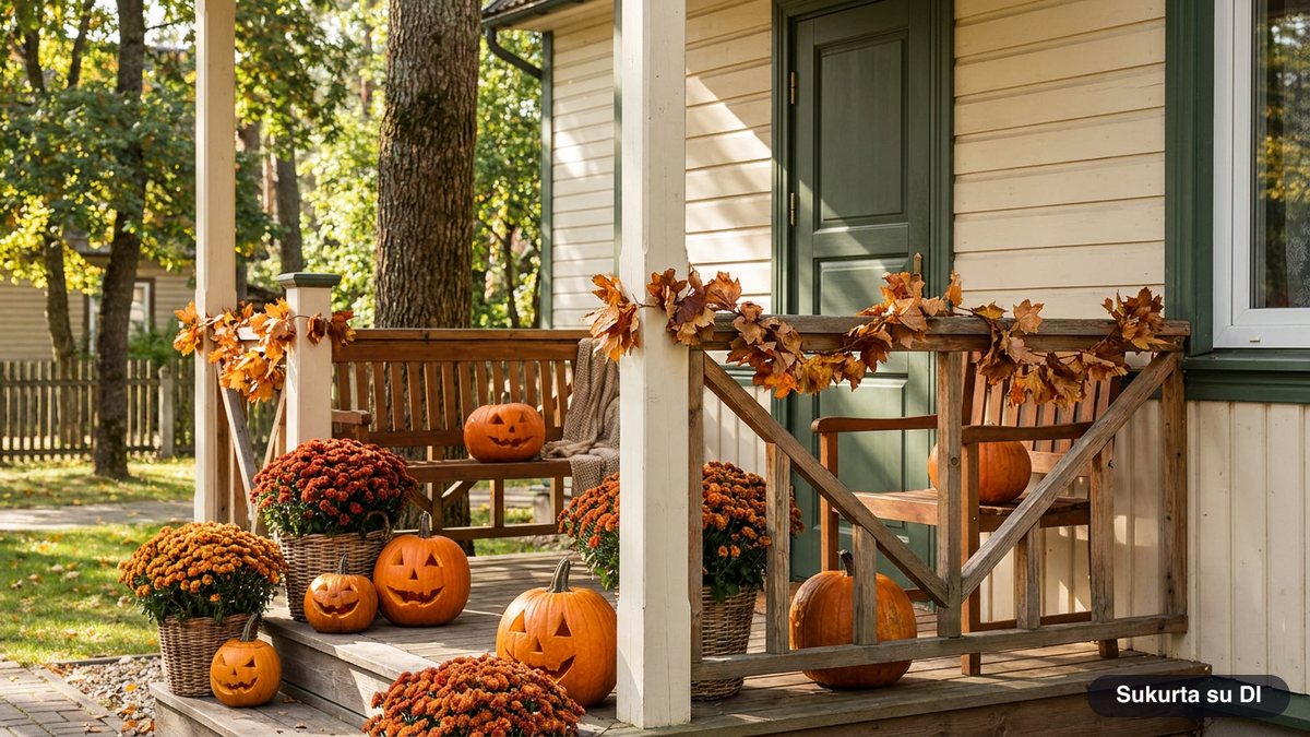 Carved pumpkins glowing on a porch on Halloween evening