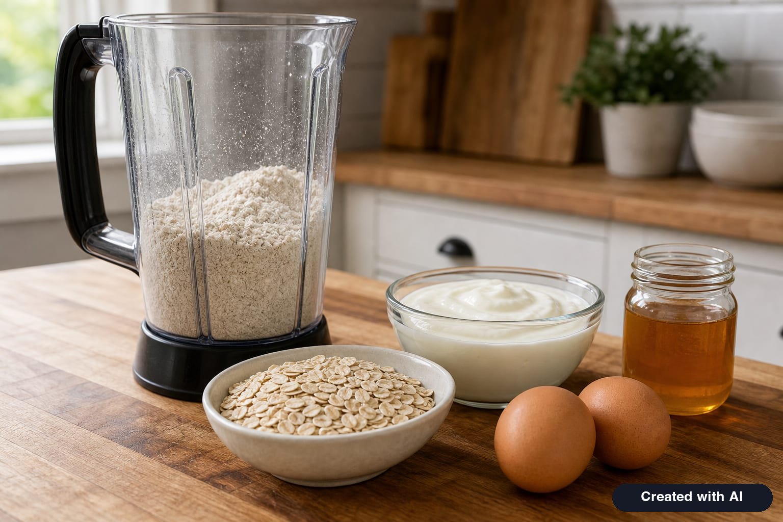 Rolled oats ground in a blender next to yogurt, eggs, and honey for a healthy apple cake