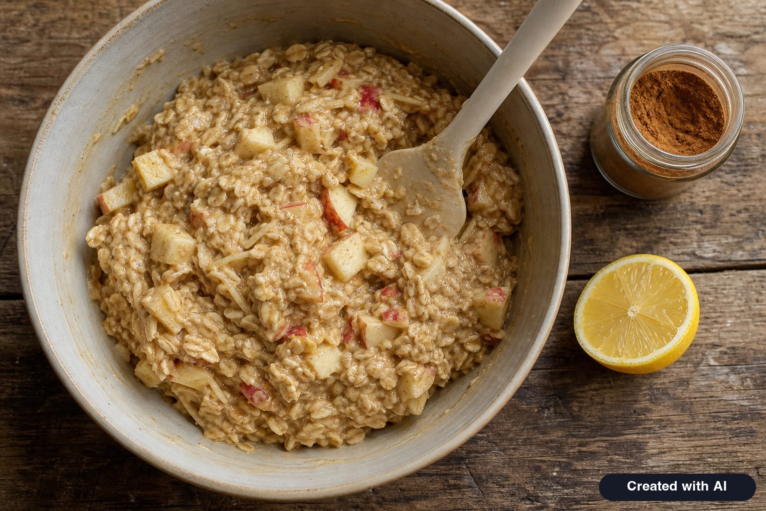 Thick oat batter with grated apples and diced apples in a bowl next to cinnamon and lemon