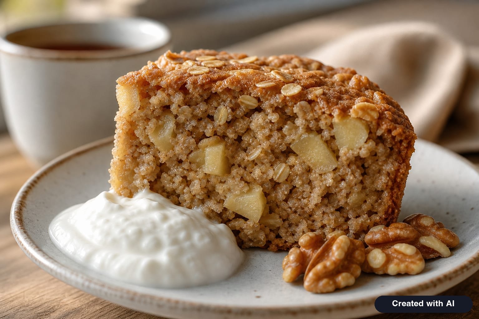 A slice of healthy apple cake with rolled oats, apple chunks, Greek yogurt, and walnuts