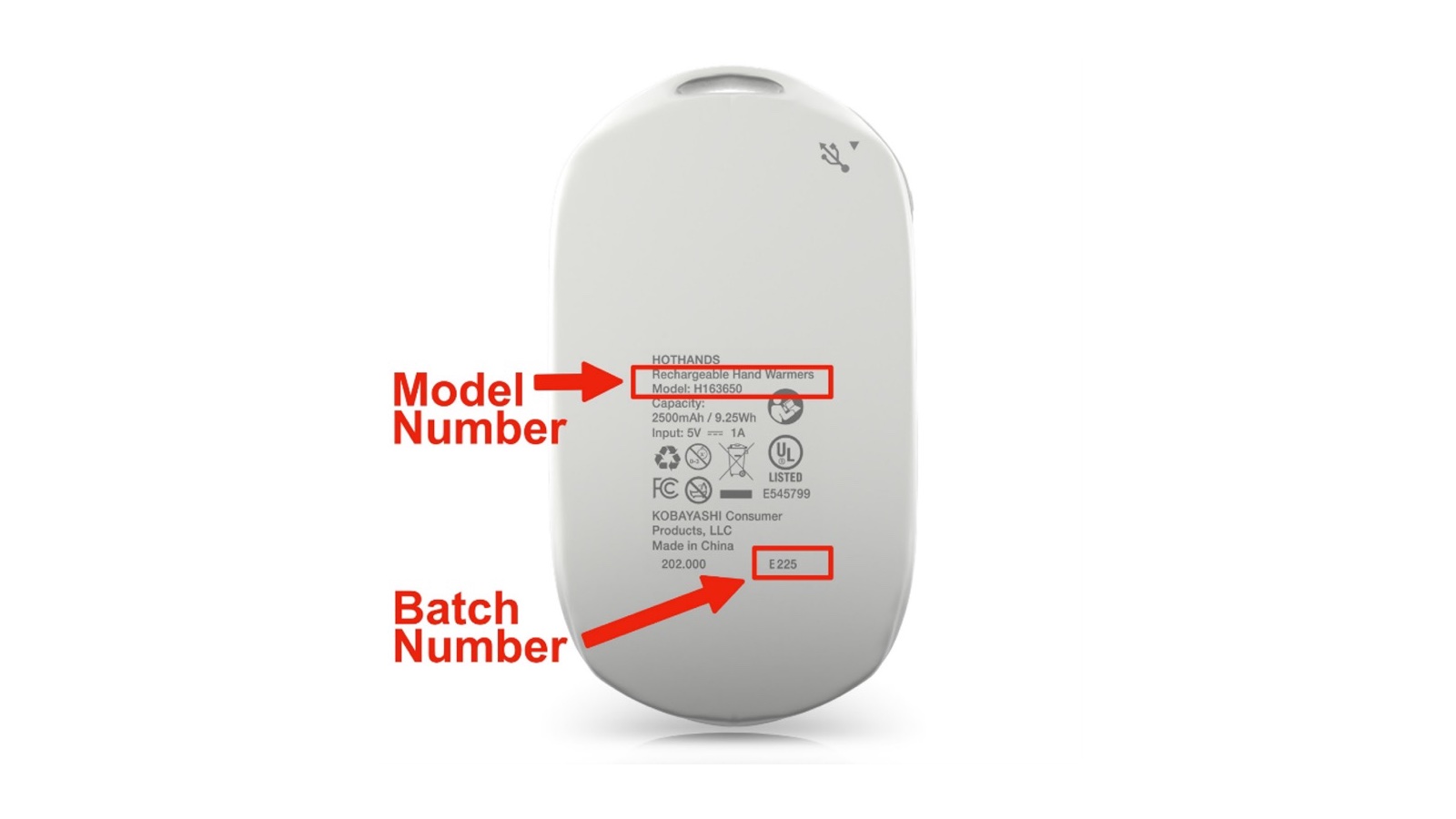 Underside of the recalled HotHands rechargeable hand warmer showing model number H163650 and batch number