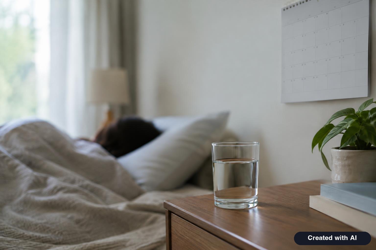 Wall calendar and a glass of water on a bedside table next to a resting adult under a blanket