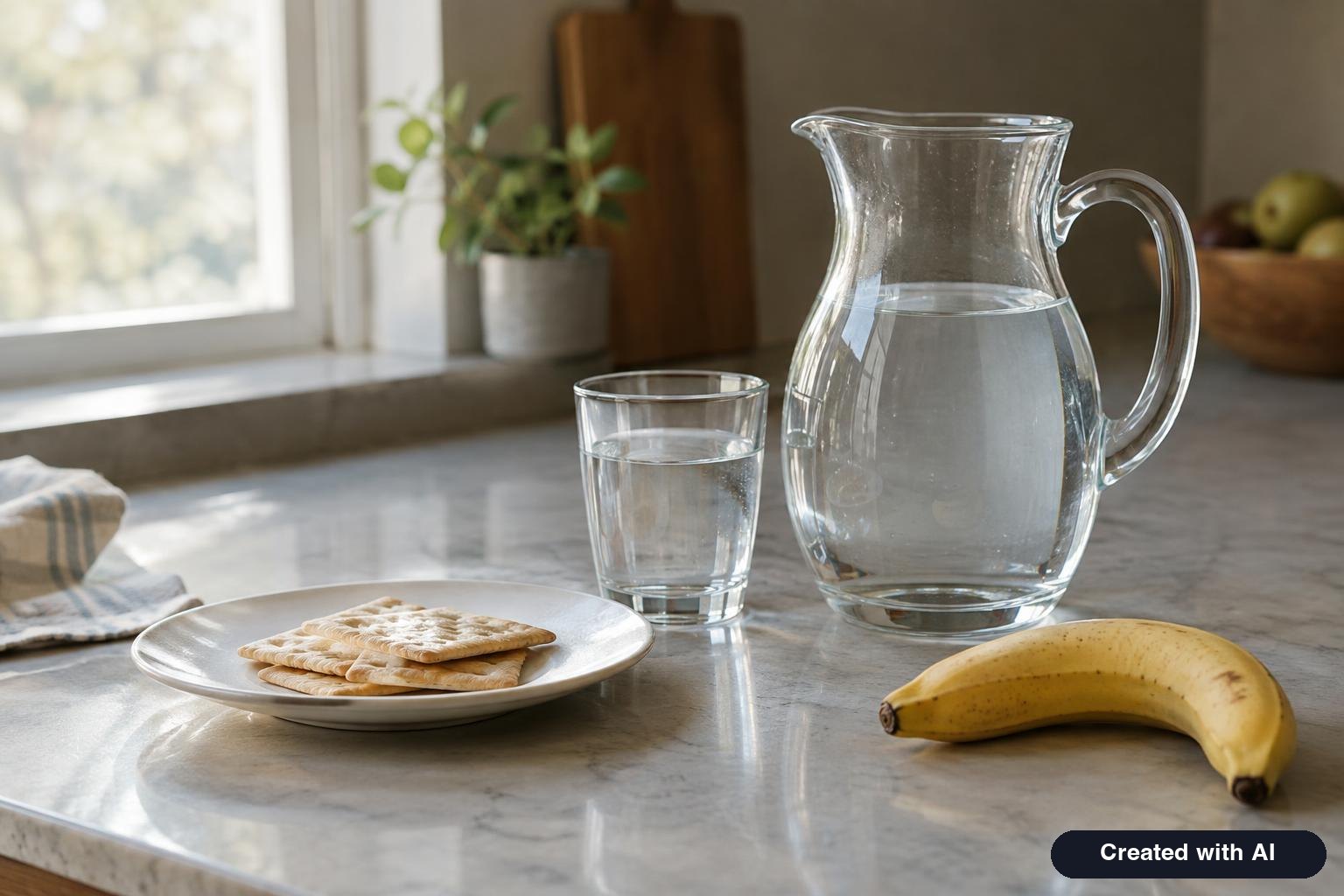 Kitchen counter with a pitcher of water, a small glass, plain crackers and a banana in soft morning light