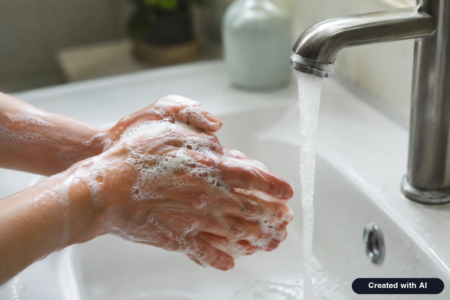 Hands being lathered with soap under running water at a bathroom sink
