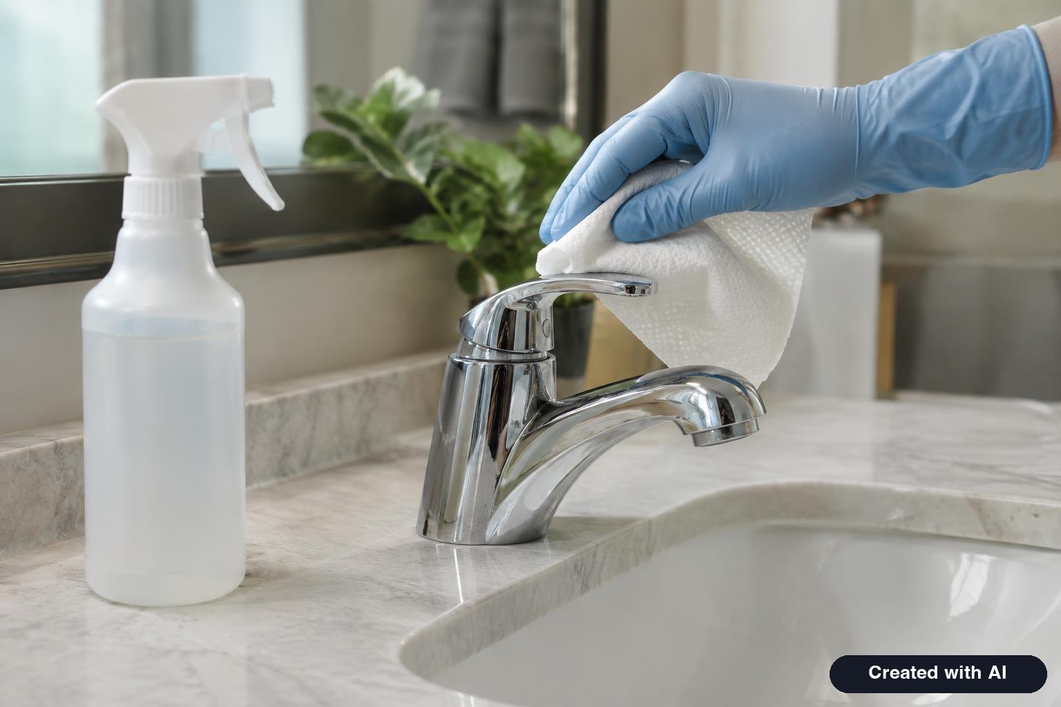 Gloved hand wiping a bathroom faucet handle with a paper towel, spray bottle on the counter