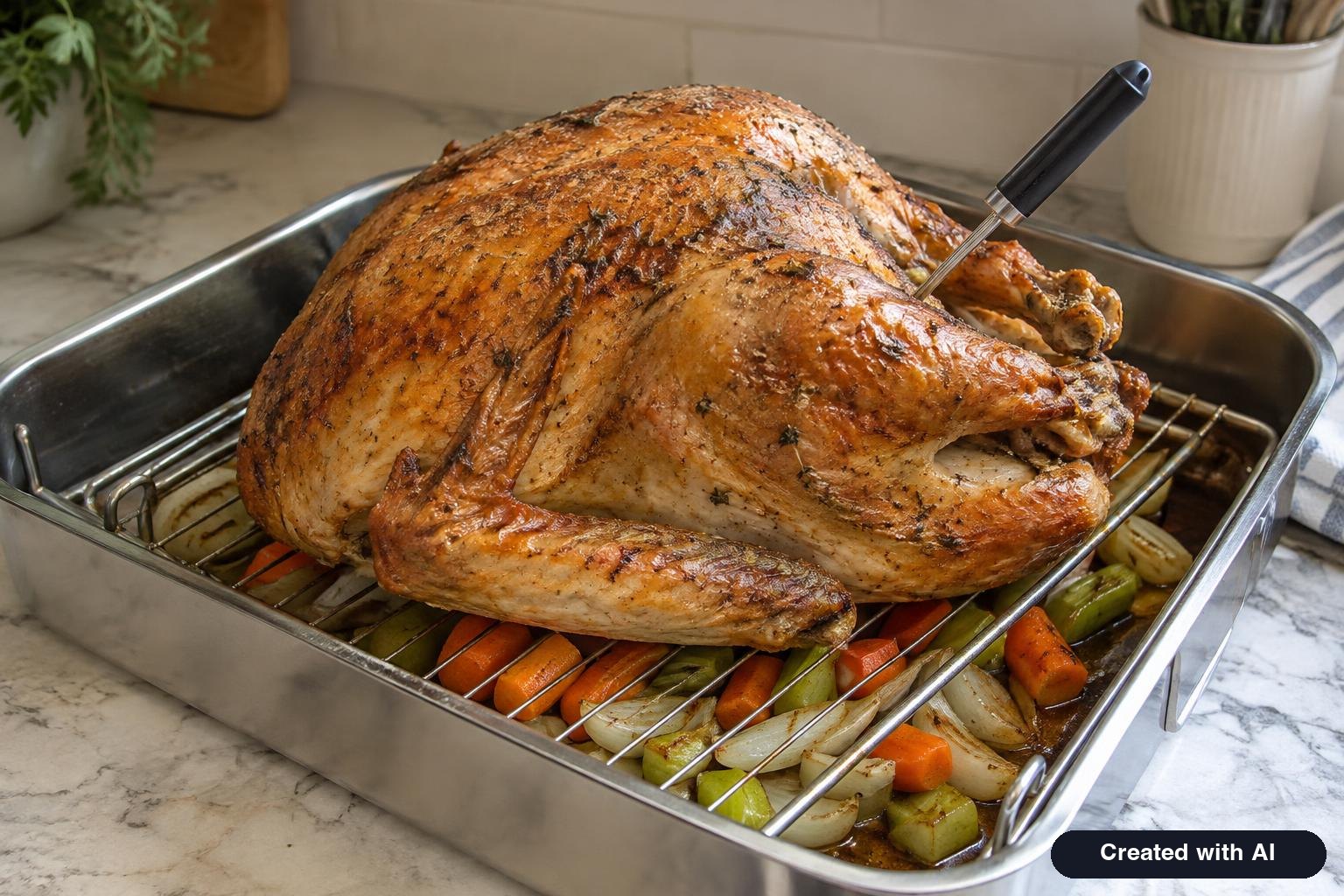 Golden roast turkey on a rack in a shallow roasting pan with a thermometer in the thigh