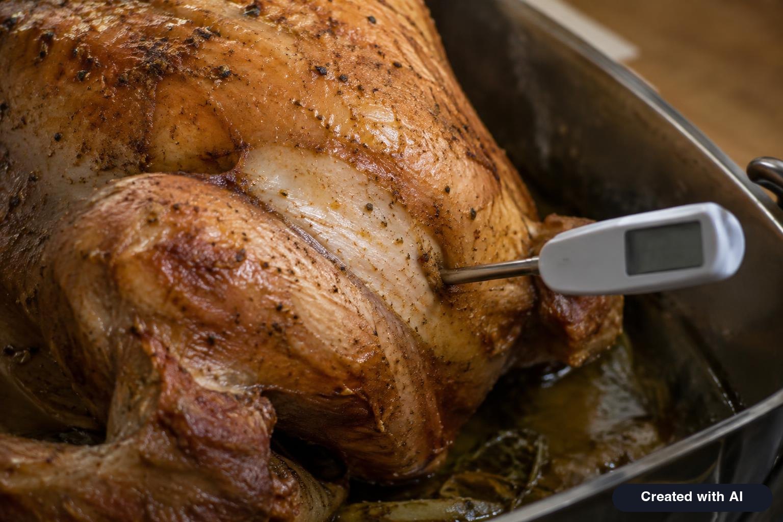 Instant-read thermometer probe inserted into the thick part of a roast turkey thigh
