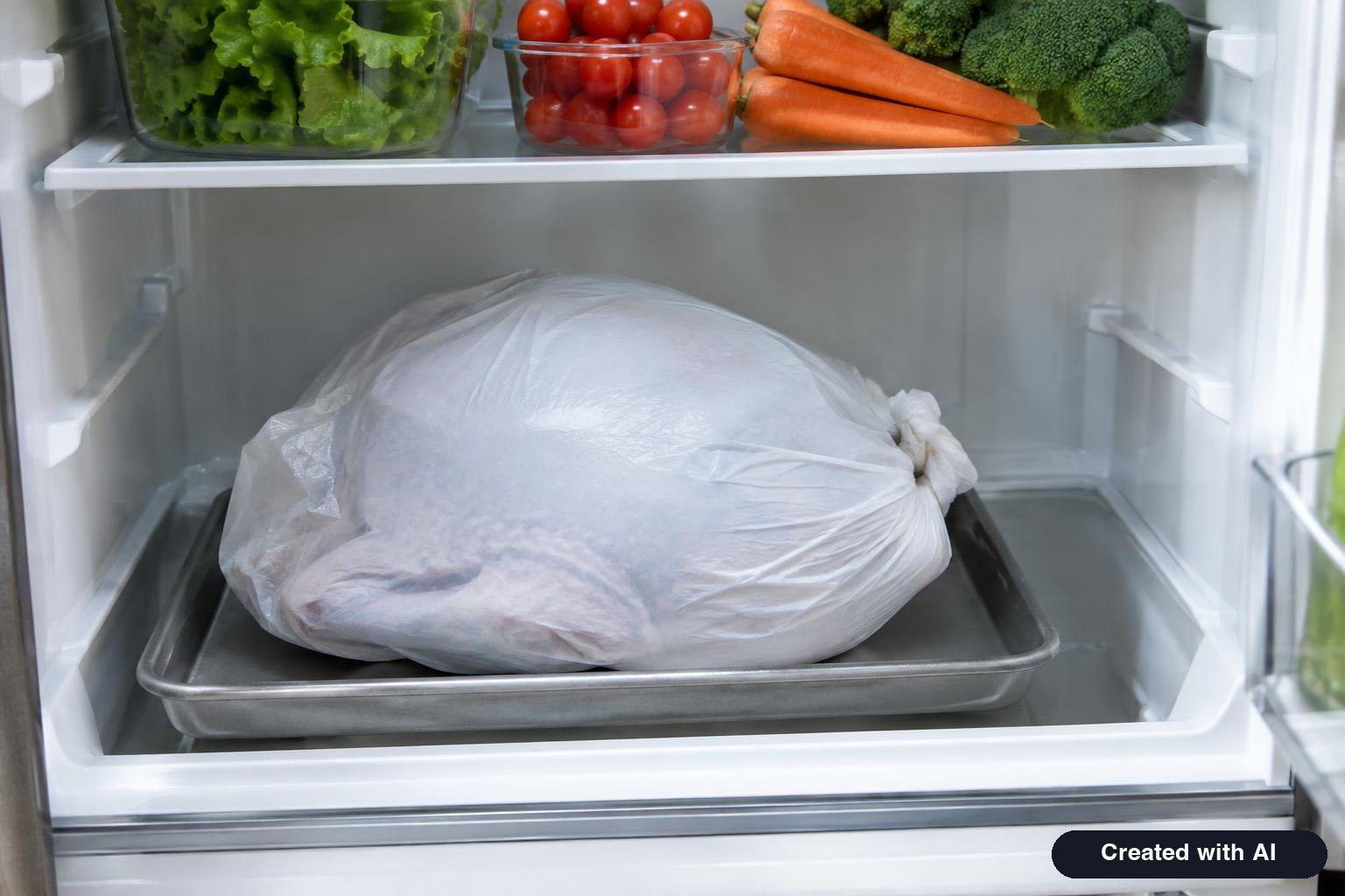 Wrapped frozen turkey thawing on a rimmed tray on the bottom shelf of a refrigerator