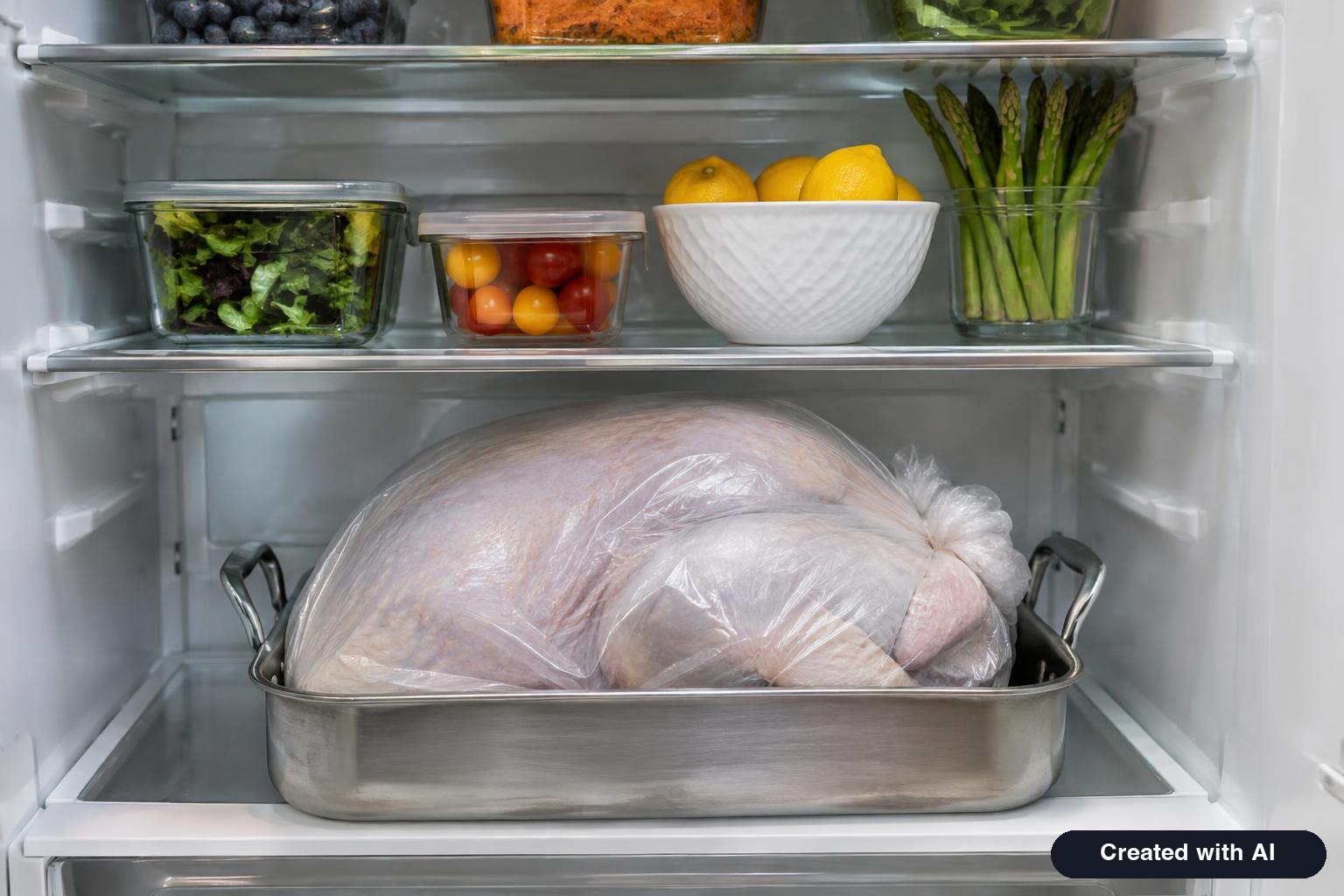Frozen turkey in its wrapper sitting in a roasting pan on the lowest refrigerator shelf