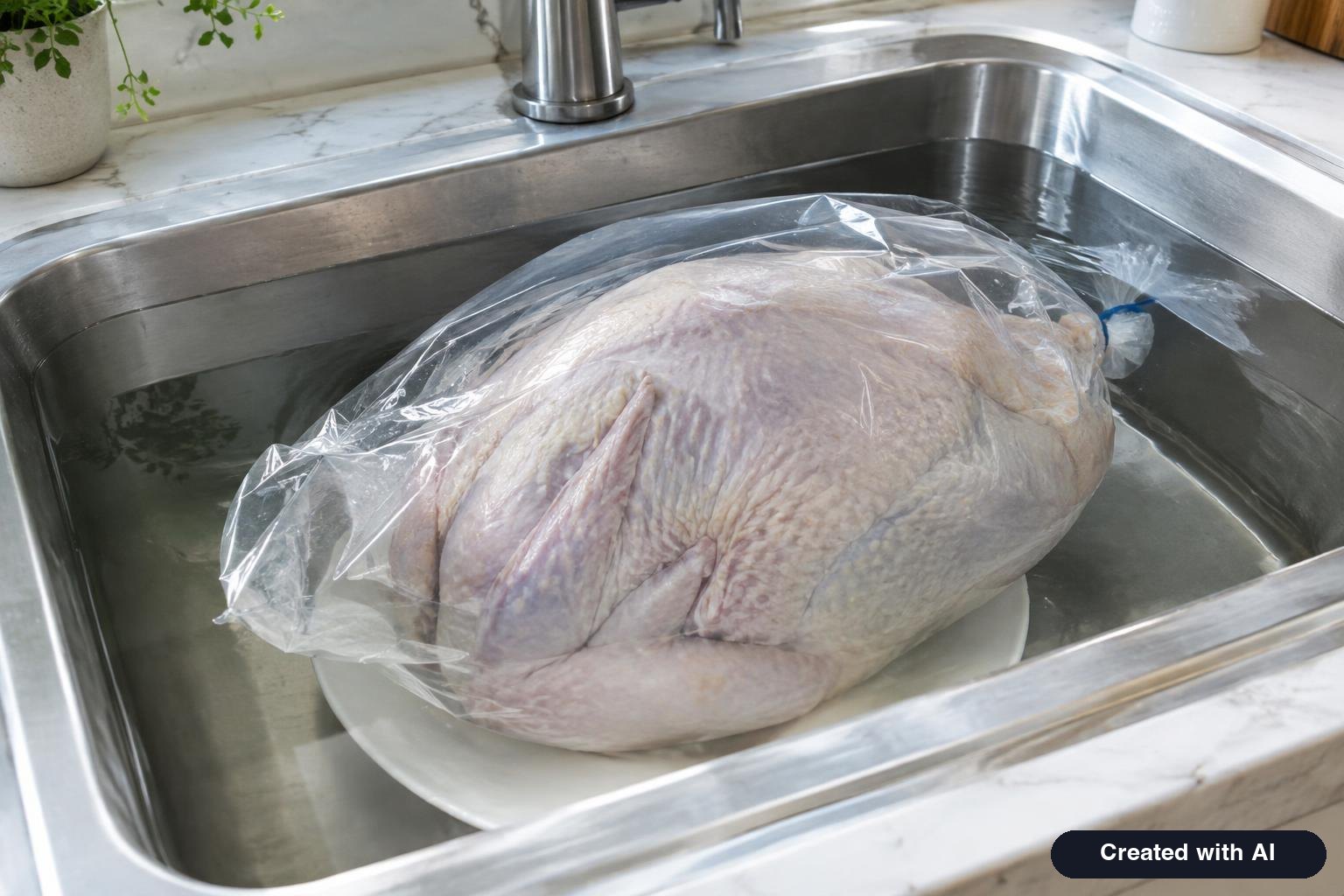 Wrapped turkey fully submerged in cold water in a clean kitchen sink