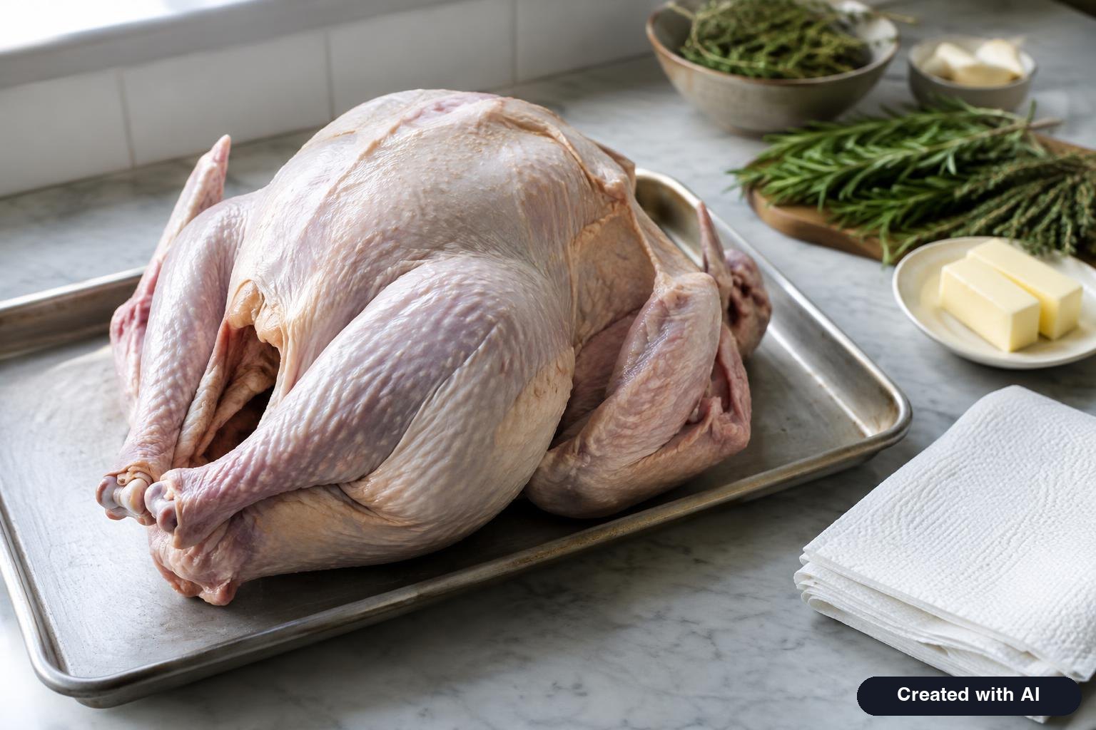 Thawed raw turkey on a tray being patted dry with paper towels before roasting